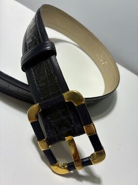 Vintage Genuine Leather Statement Belt, Gold Accent Buckle Made in USA XS Navy